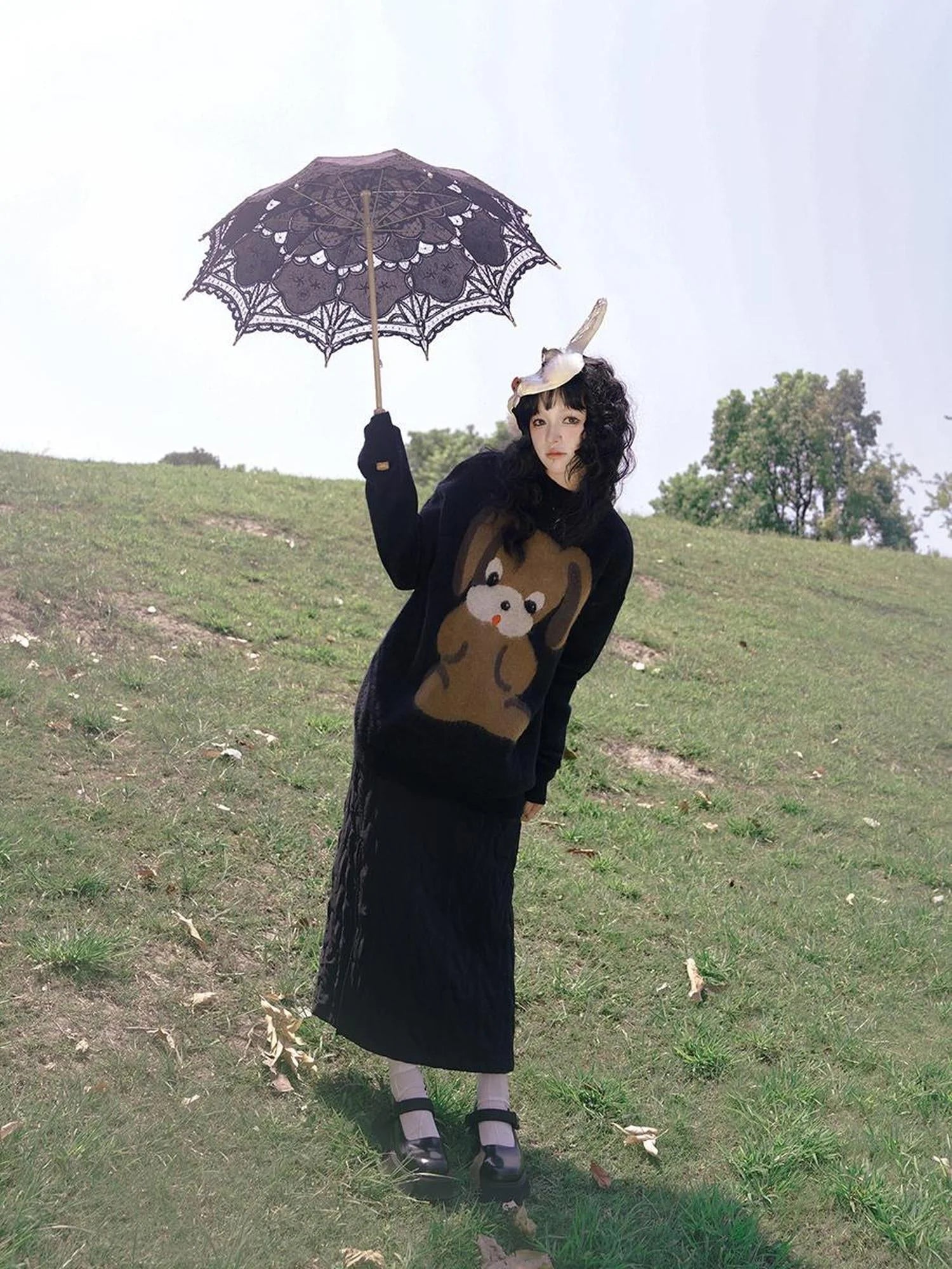 Cute Cartoon Dog Print Knitted Sweater V Neck T Shirt Long Sleeve