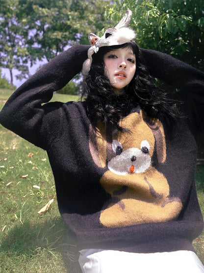 Cute Cartoon Dog Print Knitted Sweater V Neck T Shirt Long Sleeve