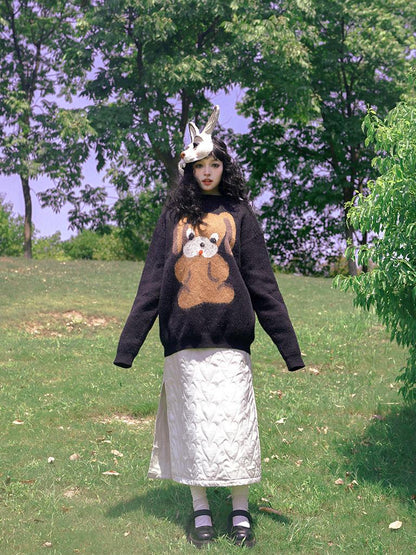 Daytoday Cute Cartoon Dog Print Knitted Sweater V Neck T Shirt Long Sleeve