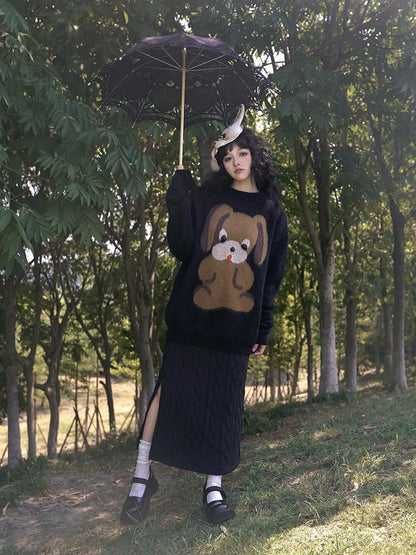 Cute Cartoon Dog Print Knitted Sweater V Neck T Shirt Long Sleeve