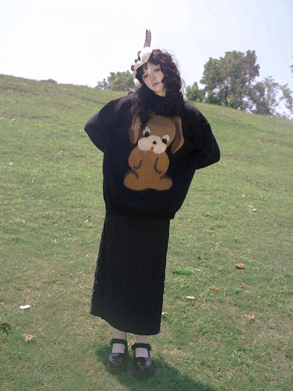 Cute Cartoon Dog Print Knitted Sweater V Neck T Shirt Long Sleeve