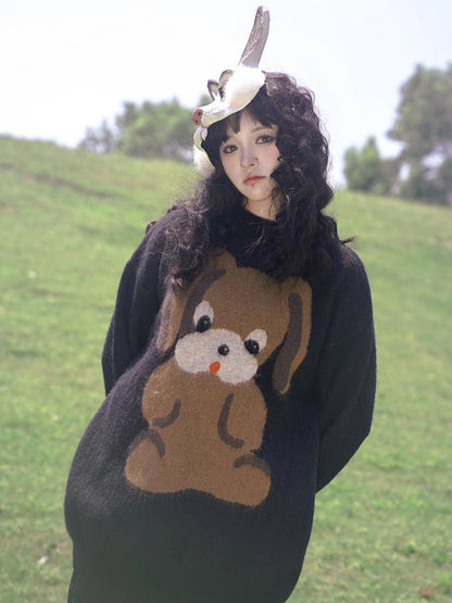 Cute Cartoon Dog Print Knitted Sweater V Neck T Shirt Long Sleeve