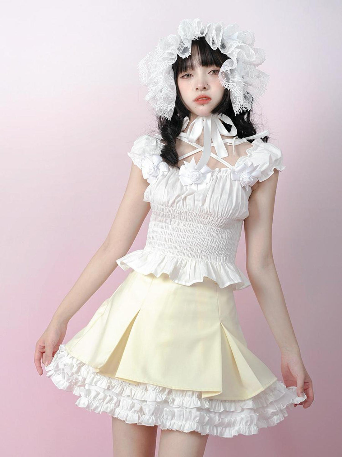 Daytoday Cute Solid Color All Match Pleated Skirt with Contrast Lace