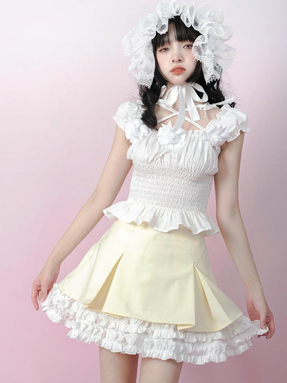 Daytoday Cute Solid Color All Match Pleated Skirt with Contrast Lace