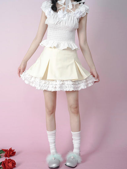 Daytoday Cute Solid Color All Match Pleated Skirt with Contrast Lace