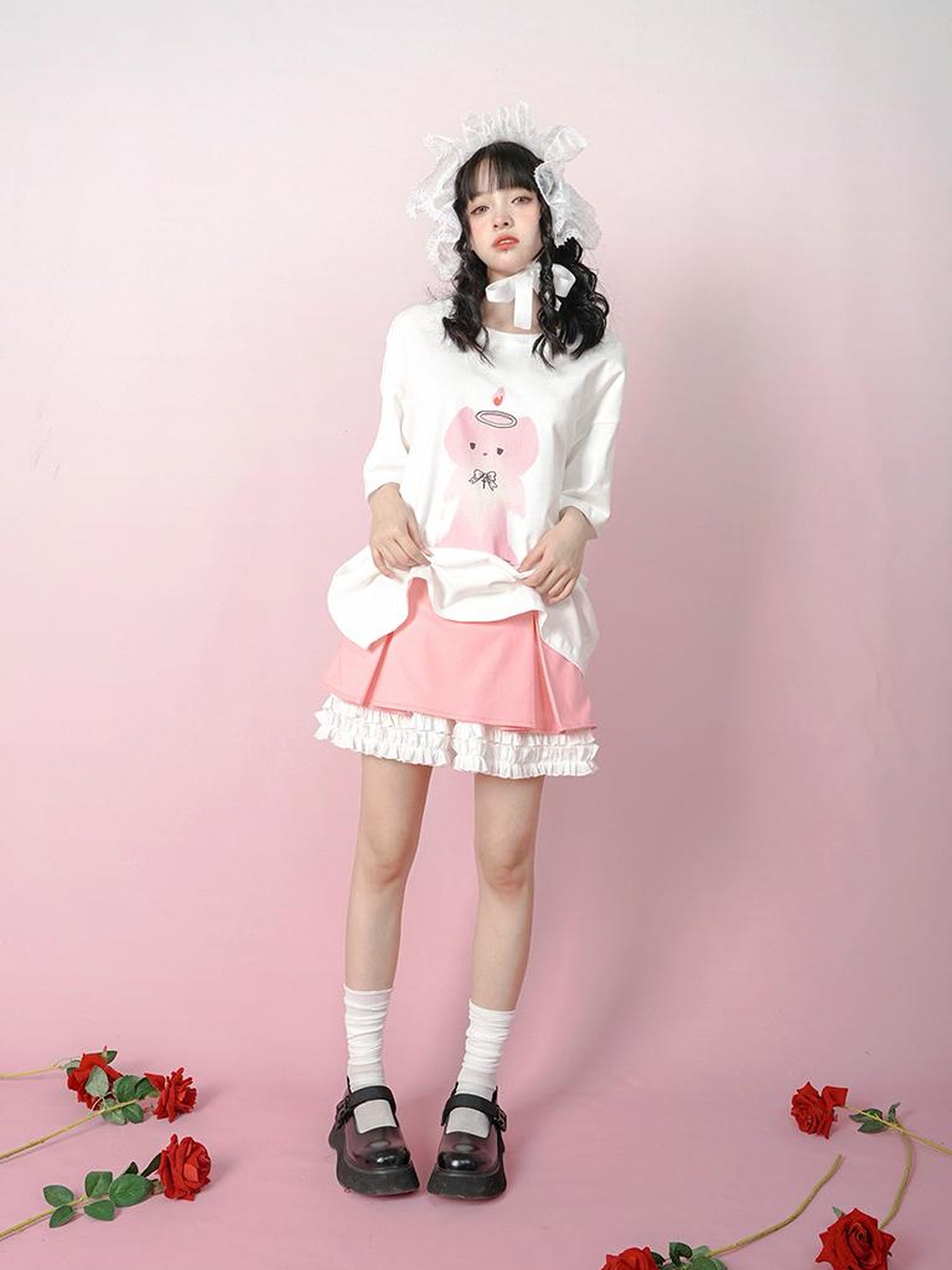Daytoday Cute Solid Color All Match Pleated Skirt with Contrast Lace