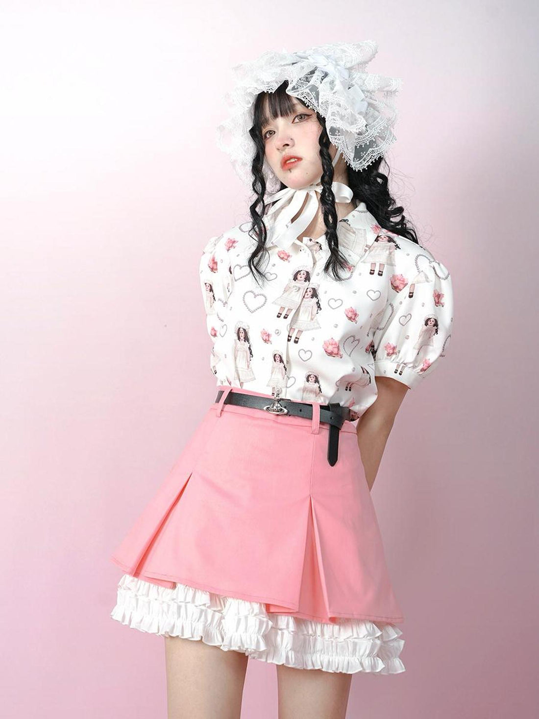 Daytoday Cute Solid Color All Match Pleated Skirt with Contrast Lace