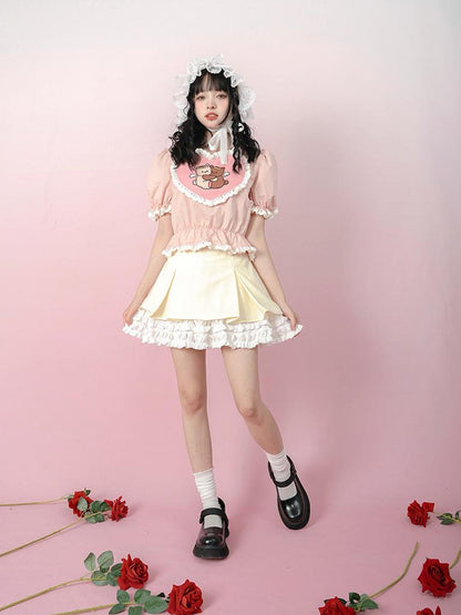 Daytoday Cute Solid Color All Match Pleated Skirt with Contrast Lace