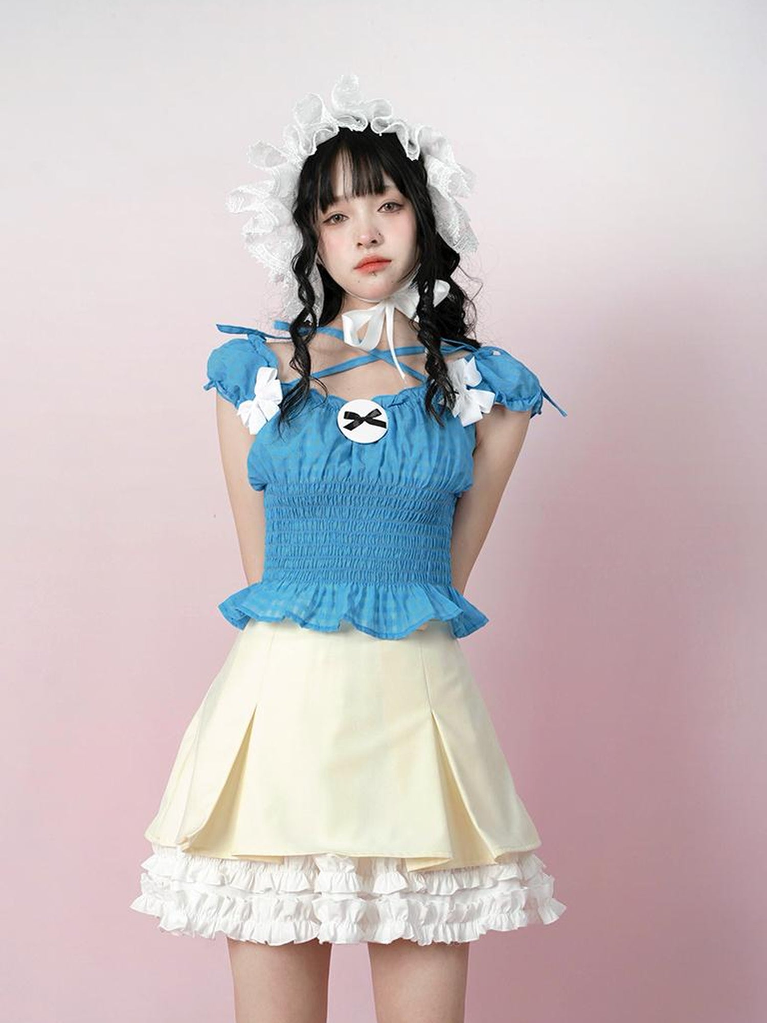 Daytoday Cute Solid Color All Match Pleated Skirt with Contrast Lace