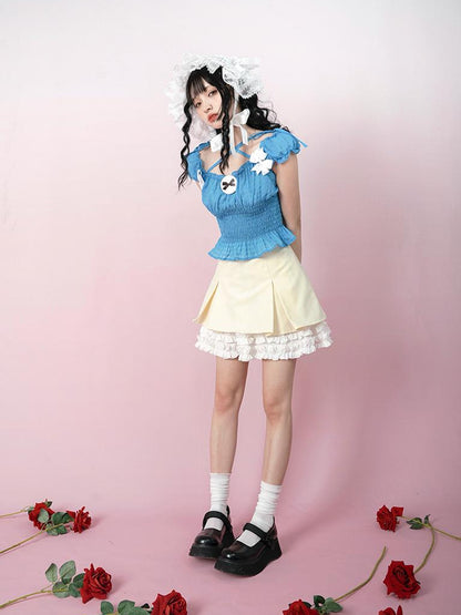 Daytoday Cute Solid Color All Match Pleated Skirt with Contrast Lace