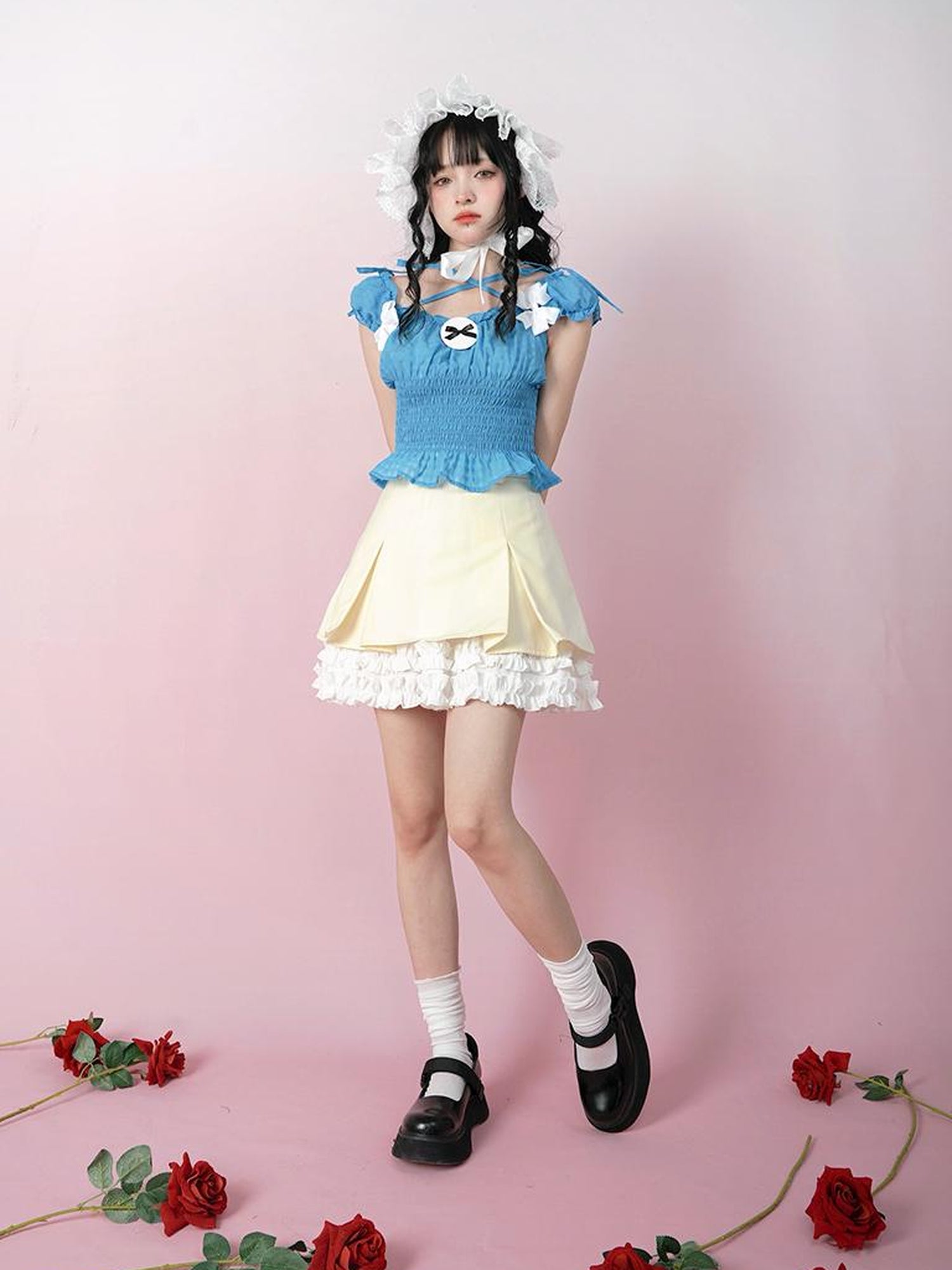 Daytoday Cute Solid Color All Match Pleated Skirt with Contrast Lace