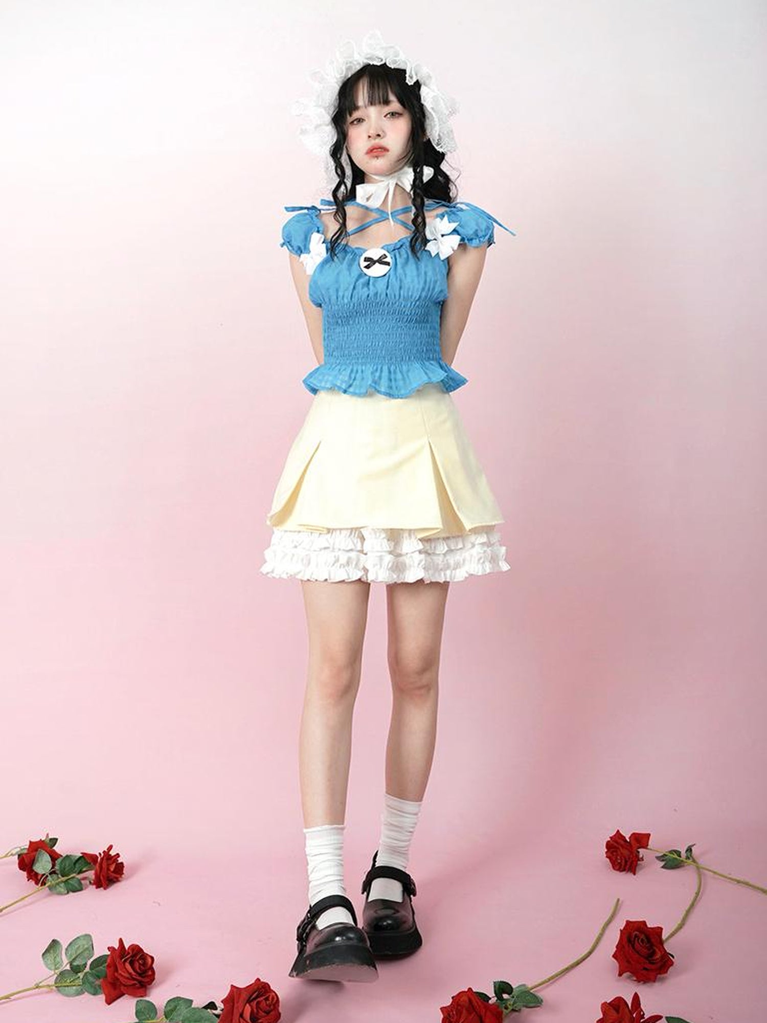Daytoday Cute Solid Color All Match Pleated Skirt with Contrast Lace