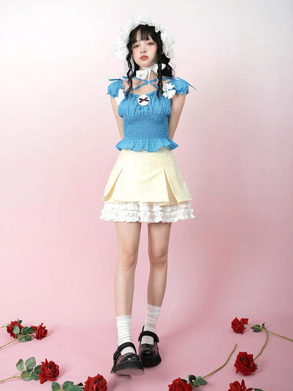 Daytoday Cute Solid Color All Match Pleated Skirt with Contrast Lace