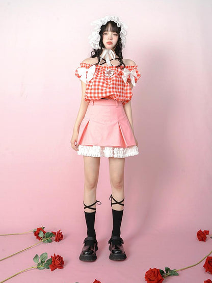 Daytoday Cute Solid Color All Match Pleated Skirt with Contrast Lace