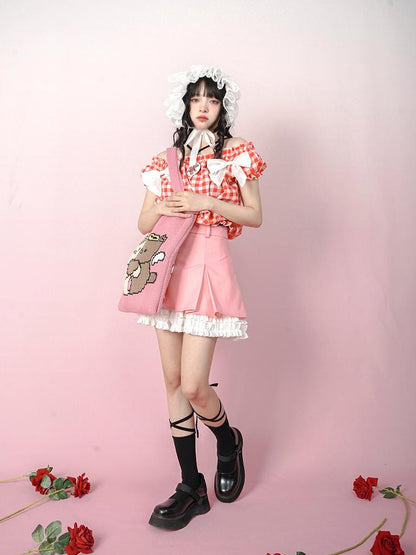 Daytoday Cute Solid Color All Match Pleated Skirt with Contrast Lace