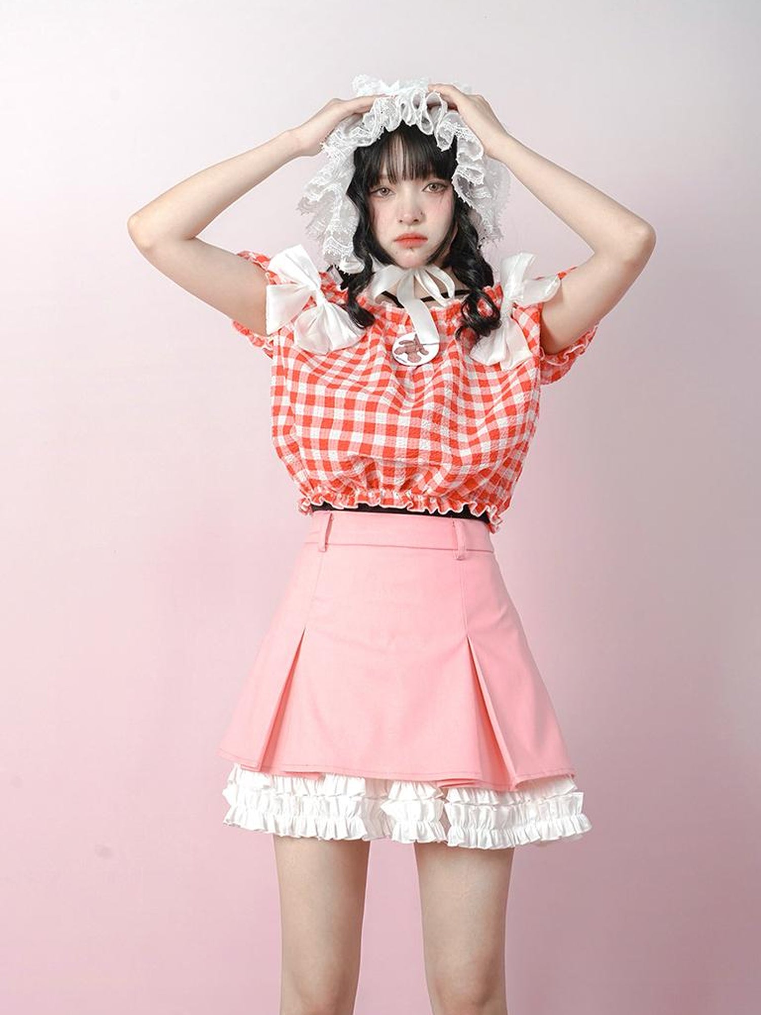 Daytoday Cute Solid Color All Match Pleated Skirt with Contrast Lace