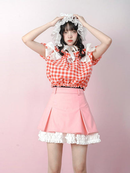 Daytoday Cute Solid Color All Match Pleated Skirt with Contrast Lace