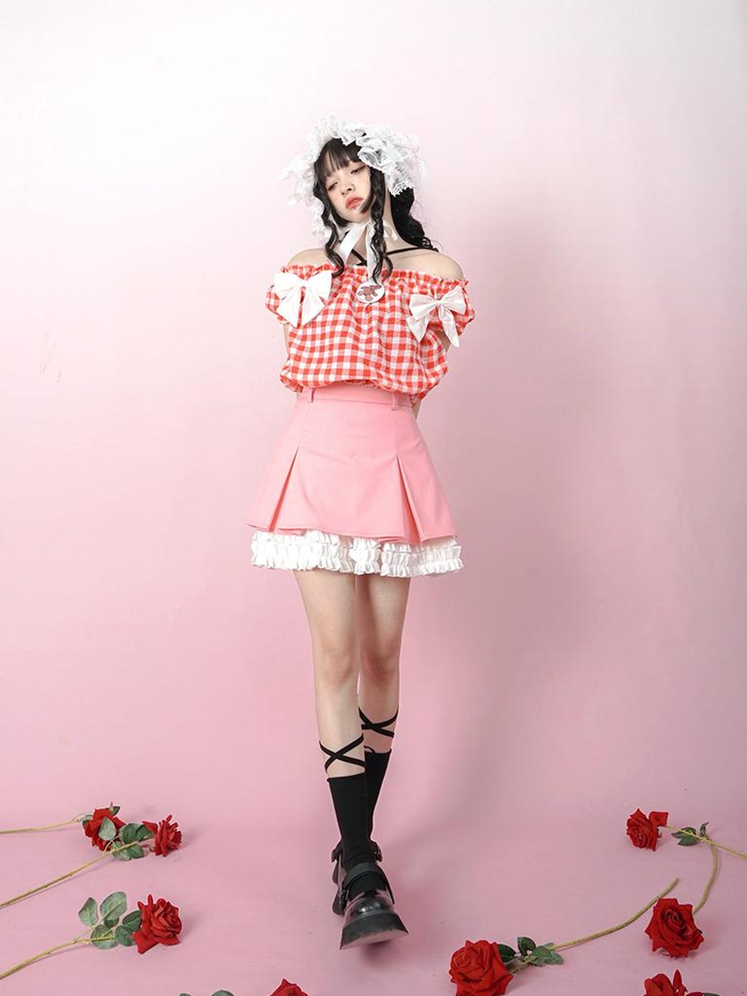 Daytoday Cute Solid Color All Match Pleated Skirt with Contrast Lace