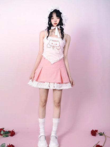 Daytoday Cute Solid Color All Match Pleated Skirt with Contrast Lace