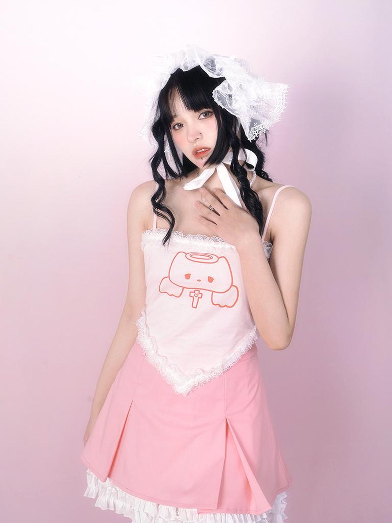 Daytoday Cute Solid Color All Match Pleated Skirt with Contrast Lace