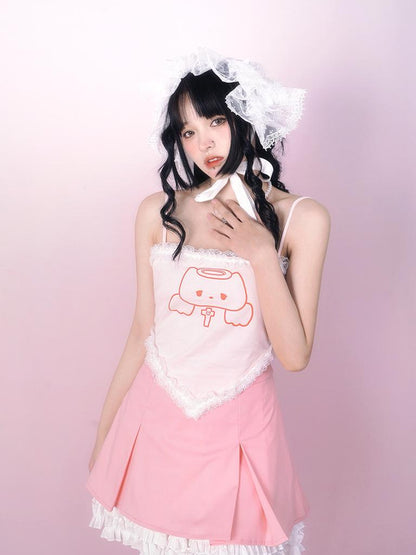 Daytoday Cute Solid Color All Match Pleated Skirt with Contrast Lace
