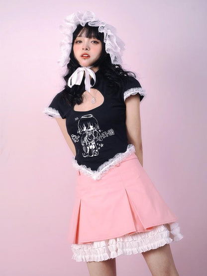 Daytoday Cute Solid Color All Match Pleated Skirt with Contrast Lace