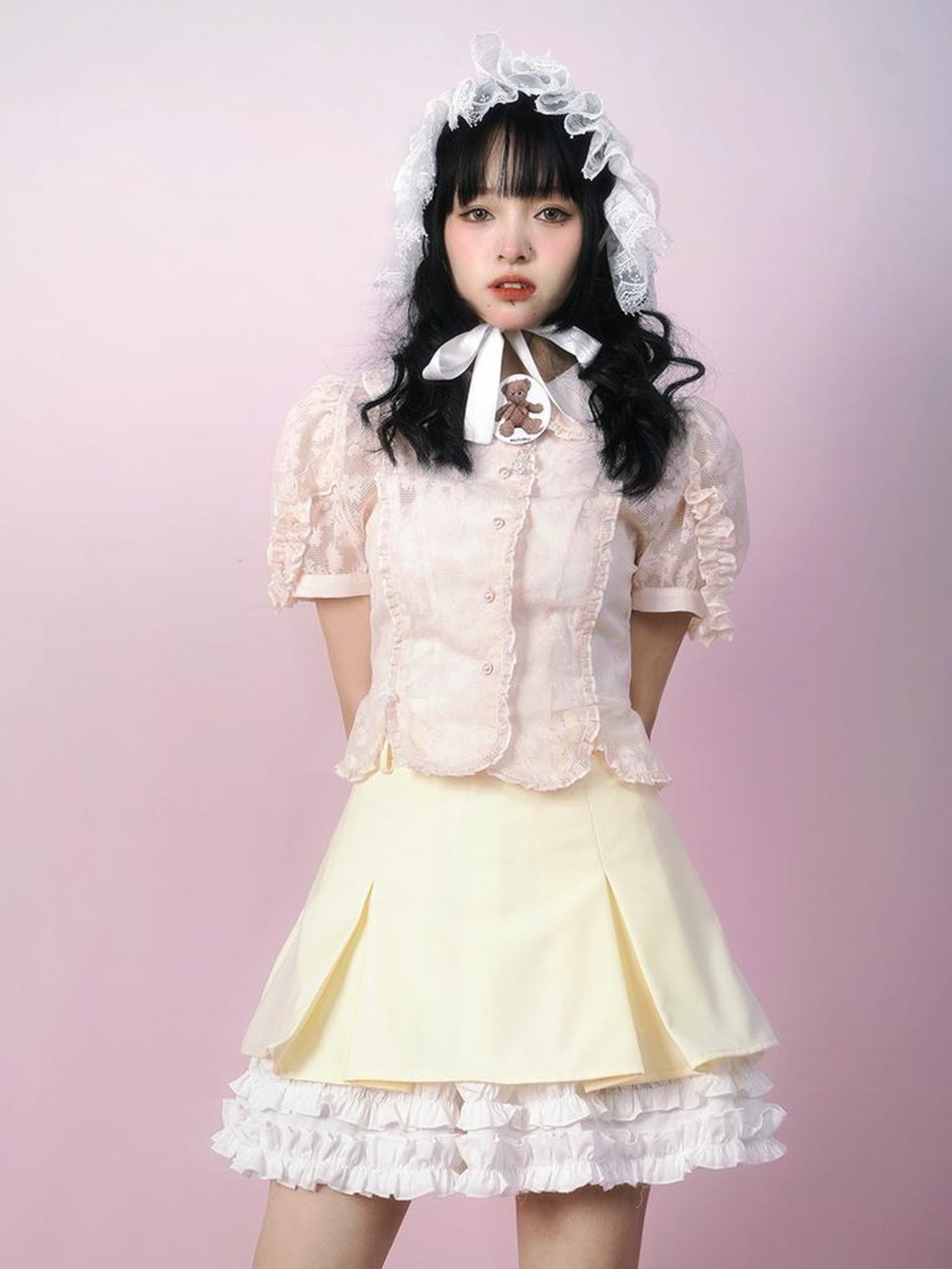 Daytoday Cute Solid Color All Match Pleated Skirt with Contrast Lace