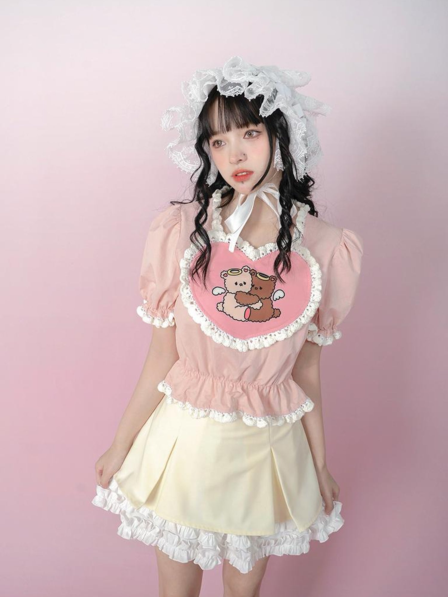Daytoday Cute Solid Color All Match Pleated Skirt with Contrast Lace