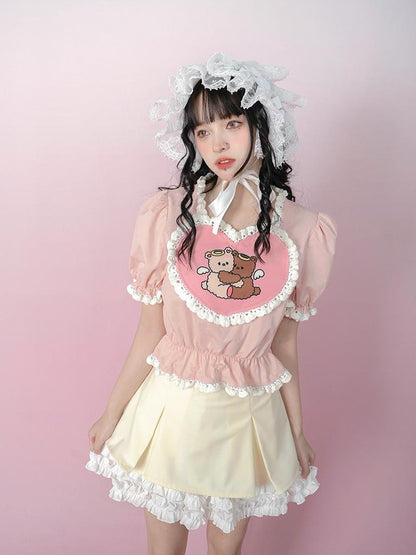 Daytoday Cute Solid Color All Match Pleated Skirt with Contrast Lace
