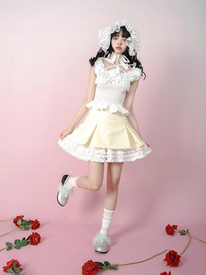 Daytoday Cute Solid Color All Match Pleated Skirt with Contrast Lace