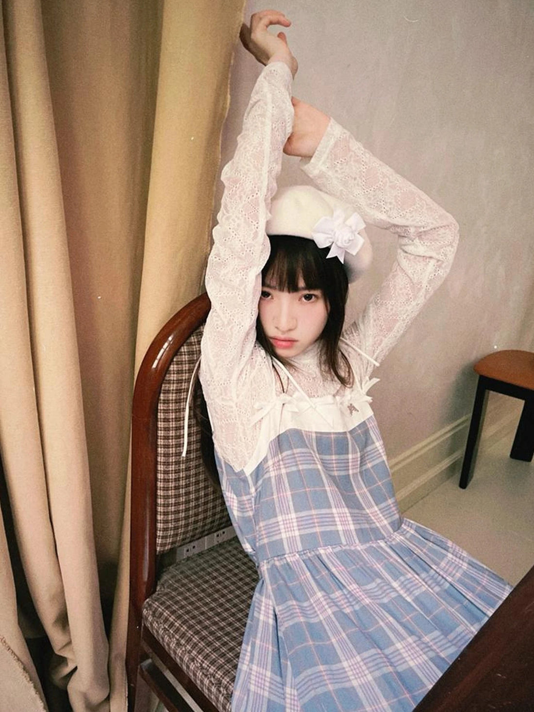 Day To Day Angel Heart Bow Checkered Lace Trim Maxi Dress