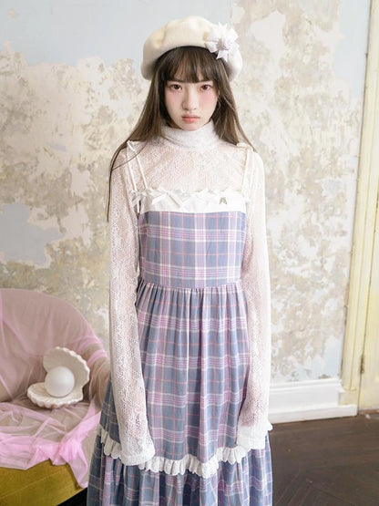 Day To Day Angel Heart Bow Checkered Lace Trim Maxi Dress