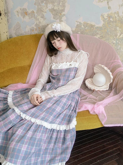 Day To Day Angel Heart Bow Checkered Lace Trim Maxi Dress