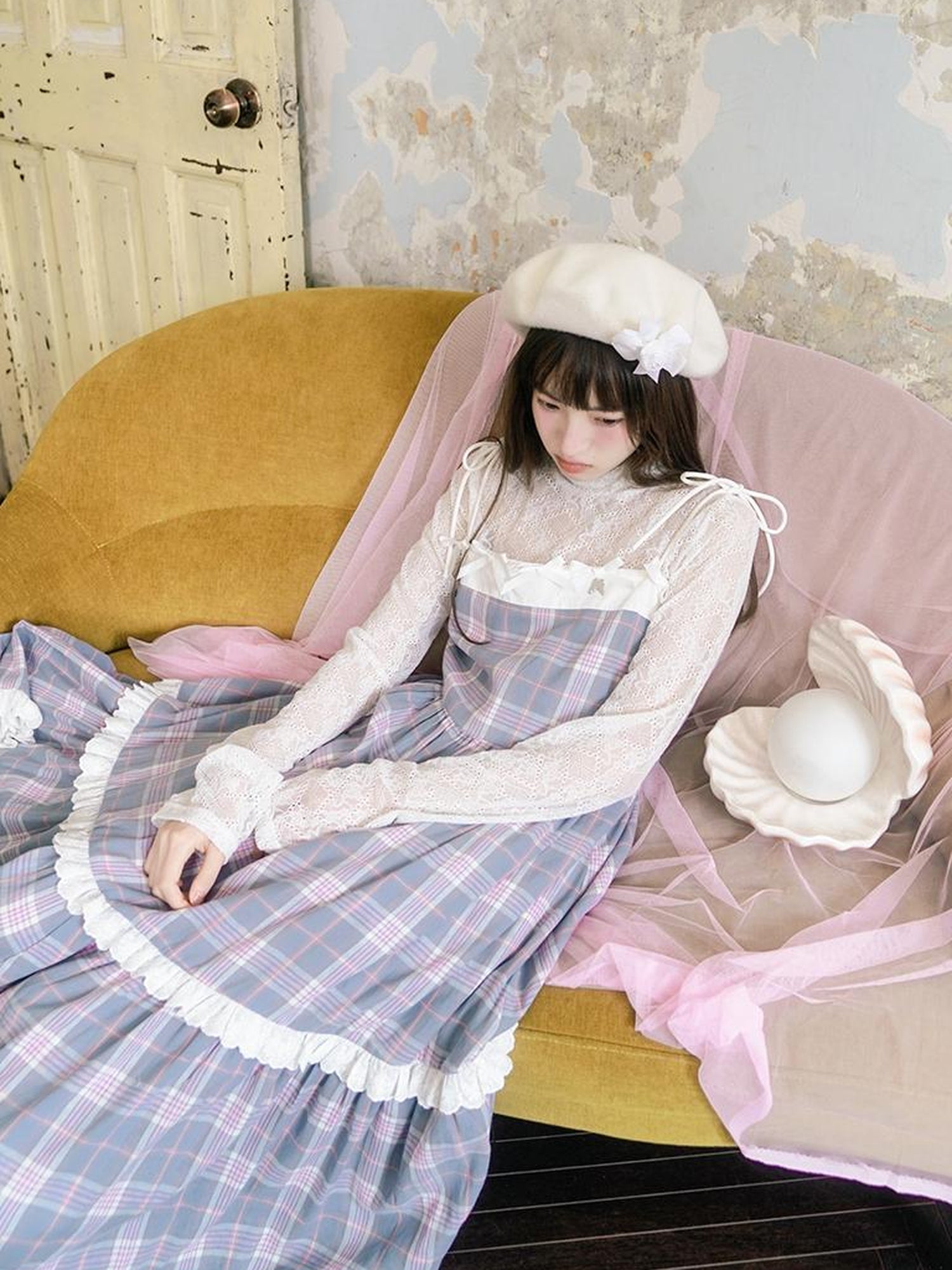 Daytoday Day To Day Angel Heart Bow Checkered Lace Trim Maxi Dress