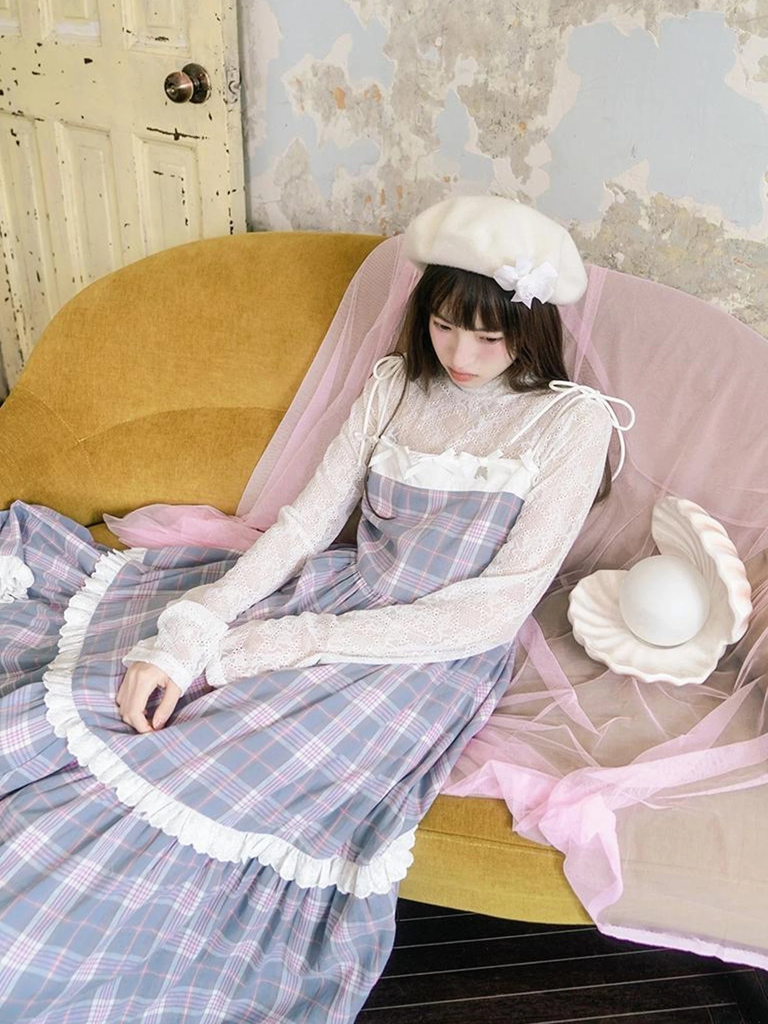 Day To Day Angel Heart Bow Checkered Lace Trim Maxi Dress