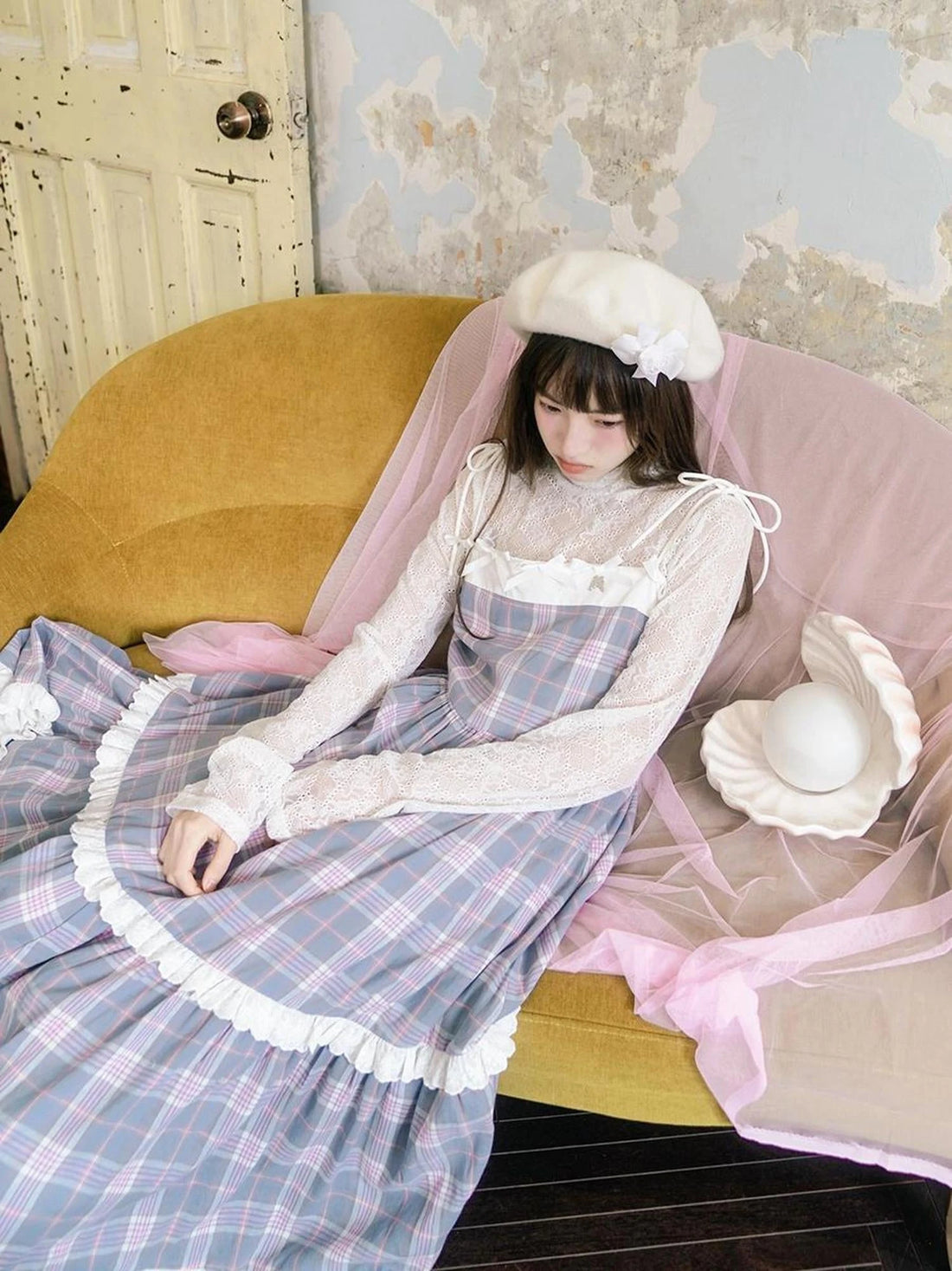 Day To Day Angel Heart Bow Checkered Lace Trim Maxi Dress