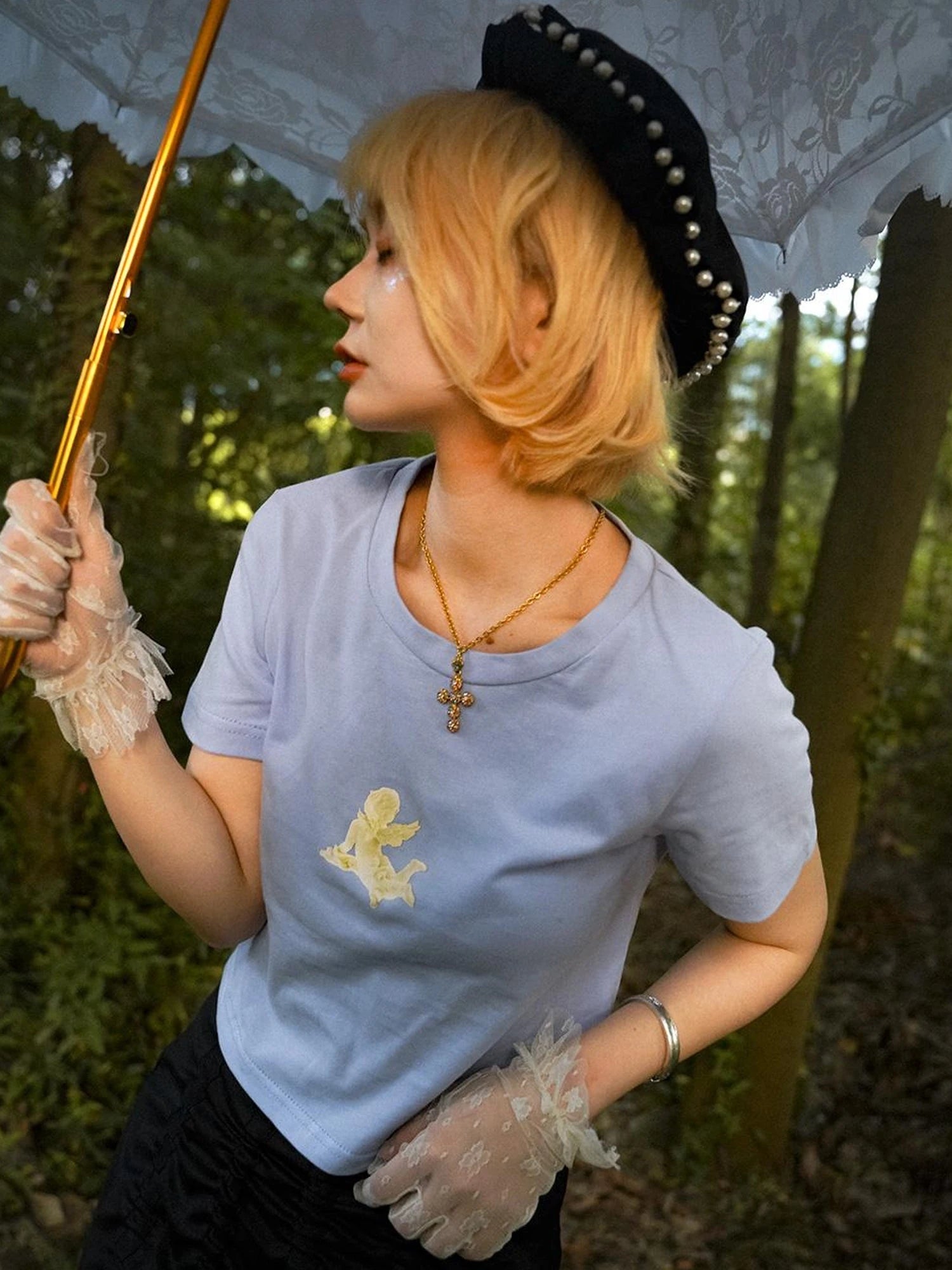 Day To Day Angel Print Cute Cropped T Shirt