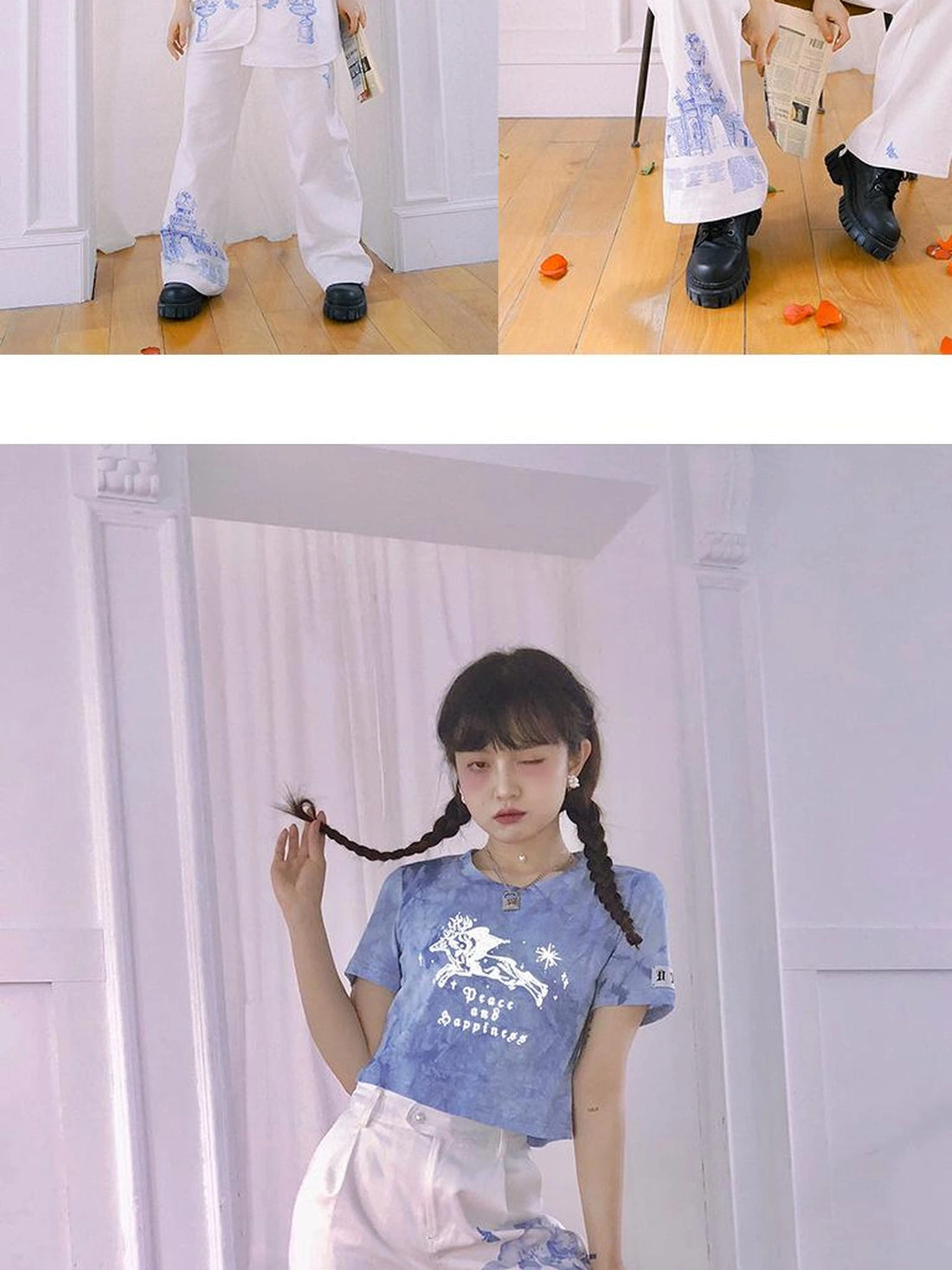 Day To Day Angel Print Denim Pants Straight Leg Wide Leg