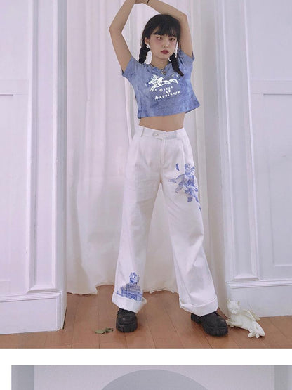 Daytoday Day To Day Angel Print Denim Pants Straight Leg Wide Leg