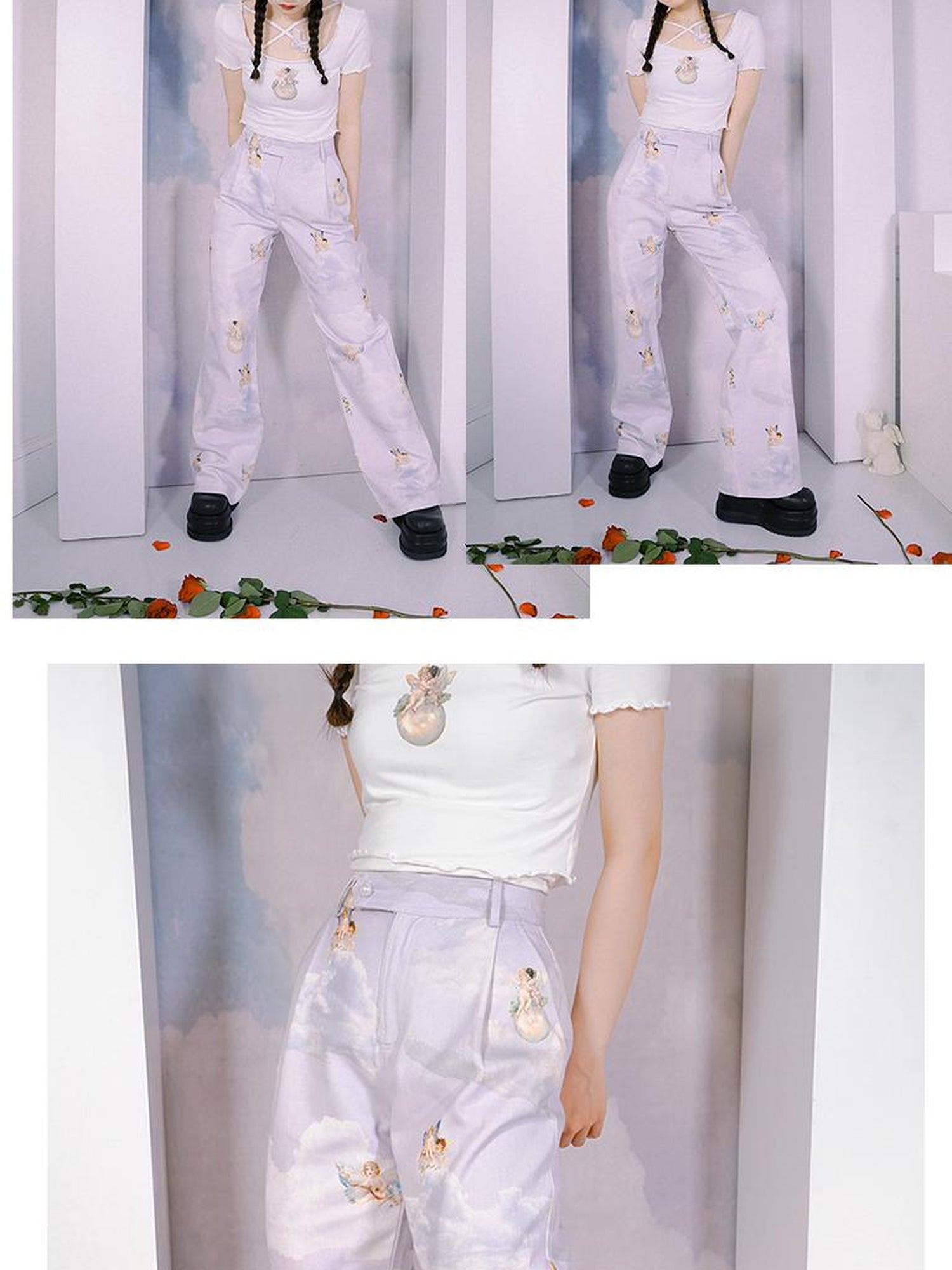Daytoday Day To Day Angel Print Denim Pants Straight Leg Wide Leg