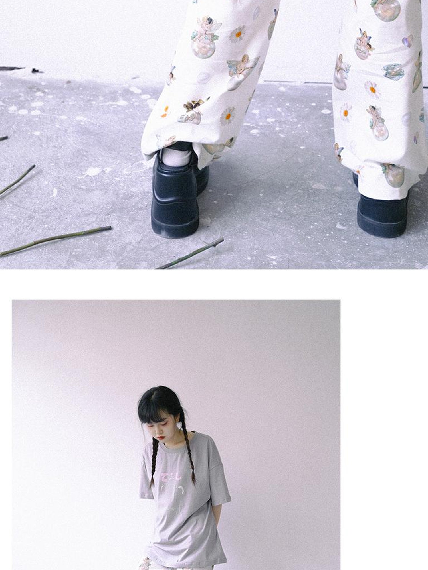 Daytoday Day To Day Angel Print Denim Pants Straight Leg Wide Leg
