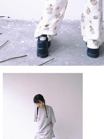 Daytoday Day To Day Angel Print Denim Pants Straight Leg Wide Leg