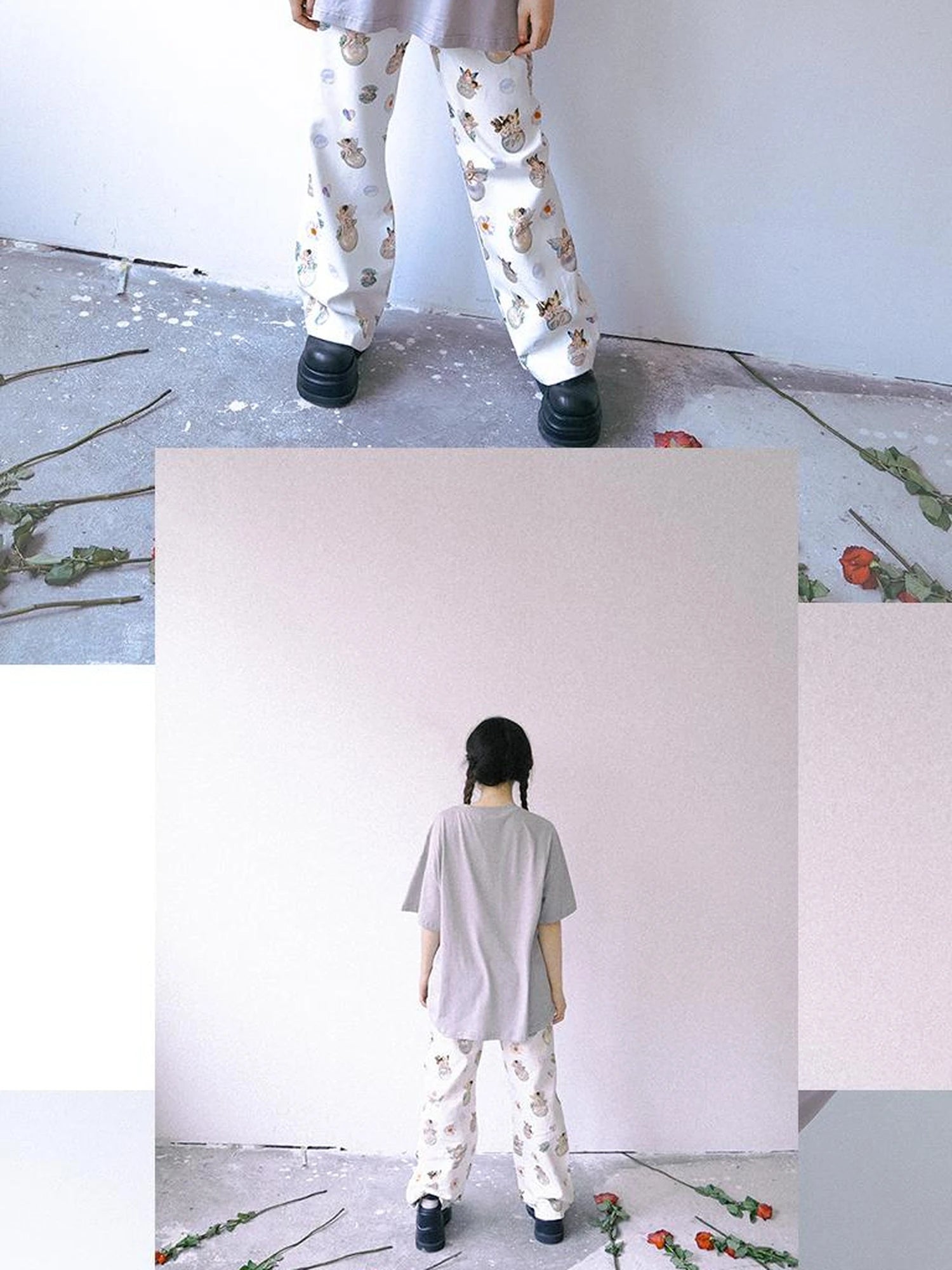 Day To Day Angel Print Denim Pants Straight Leg Wide Leg