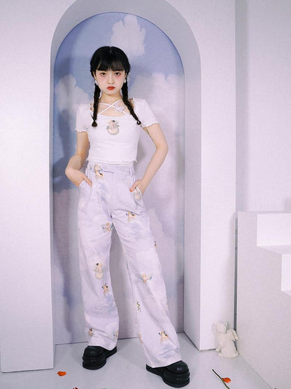 Daytoday Day To Day Angel Print Denim Pants Straight Leg Wide Leg