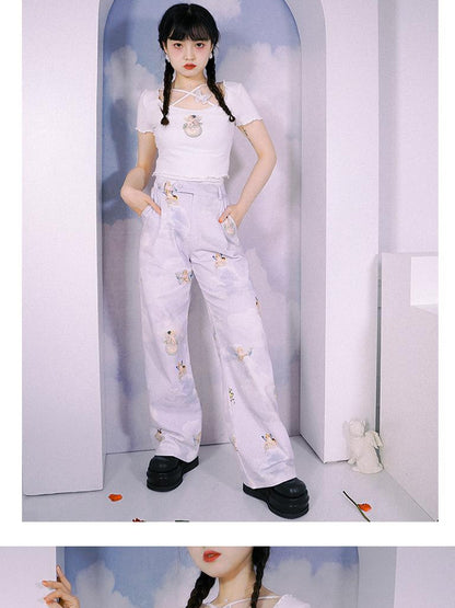 Daytoday Day To Day Angel Print Denim Pants Straight Leg Wide Leg