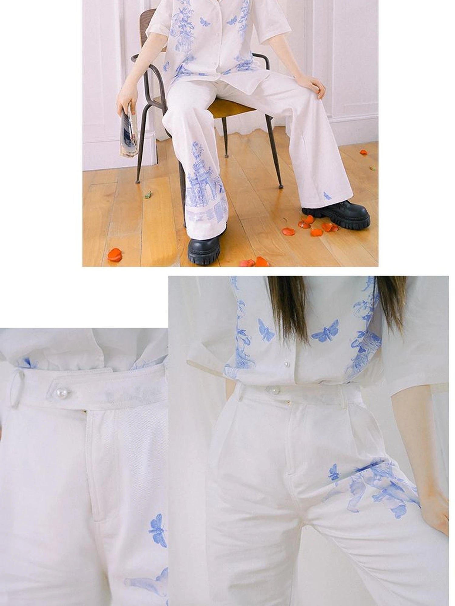 Day To Day Angel Print Denim Pants Straight Leg Wide Leg