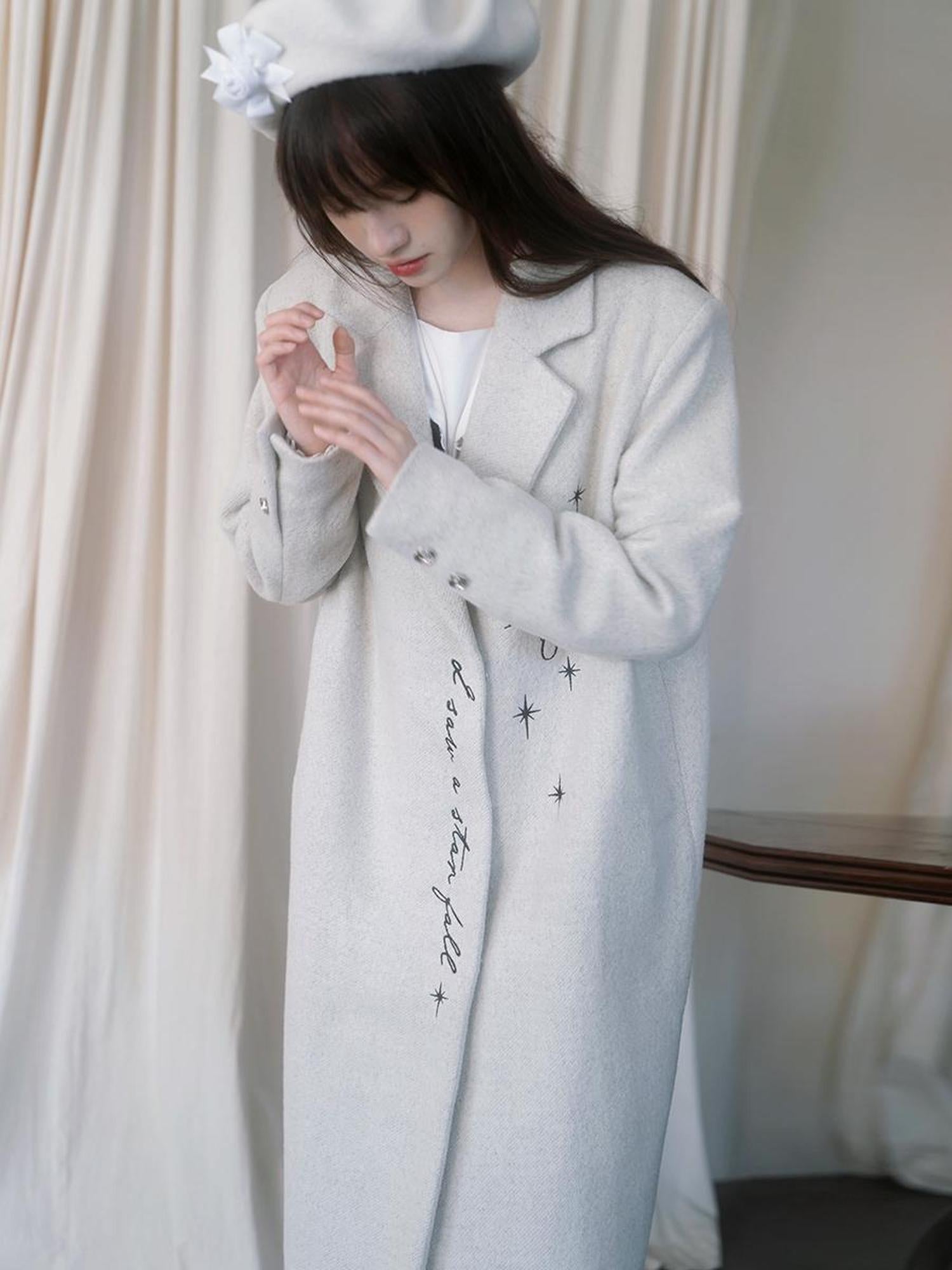 Daytoday Day To Day Embroidered Star Mixed Wool Blend Long Coat