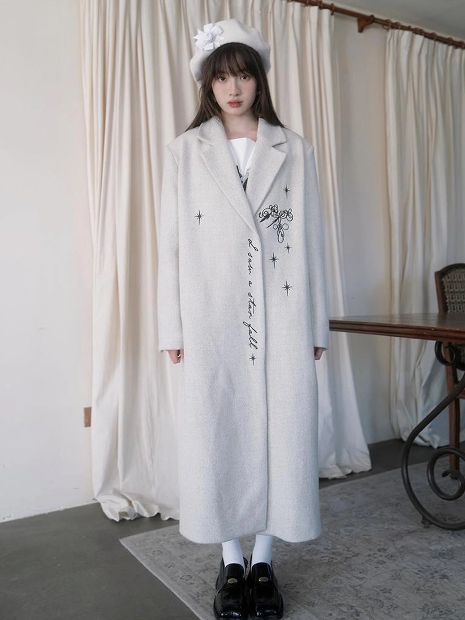 Day To Day Embroidered Star Mixed Wool Blend Long Coat