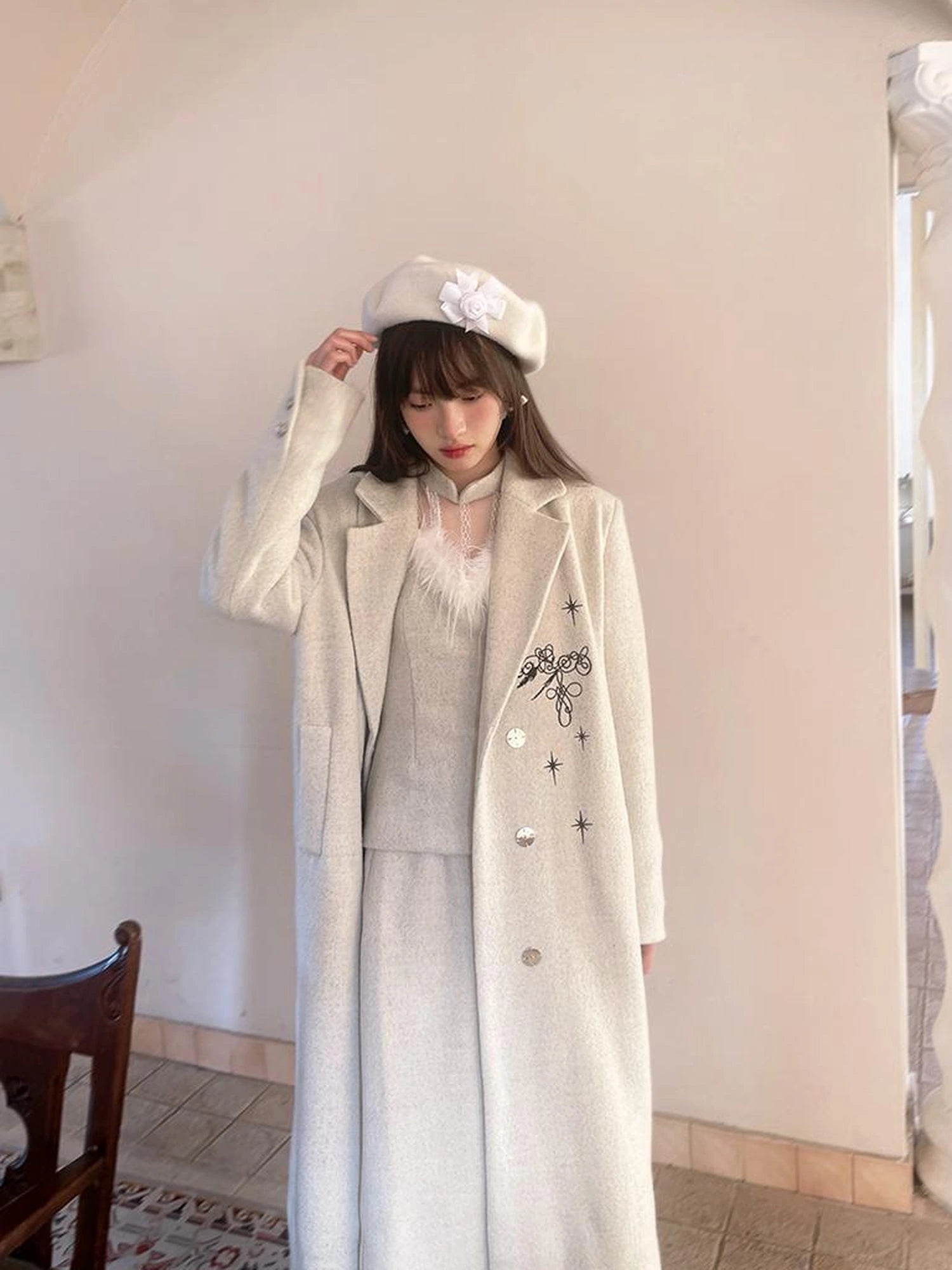 Day To Day Embroidered Star Mixed Wool Blend Long Coat