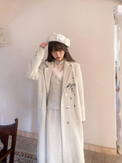 Day To Day Embroidered Star Mixed Wool Blend Long Coat